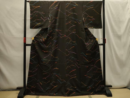 平和屋着物■上質な小紋 若松葉 黒地 ロング丈 正絹 逸品 AABH6106sx