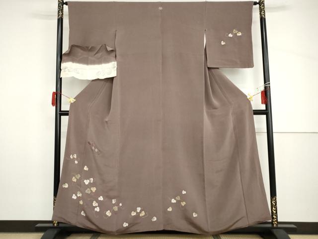 平和屋着物●訪問着　刺繍　蔦の葉文　金糸　鬼しぼ縮緬　浜ちりめん　反端付き　正絹　逸品　AABH8958cs