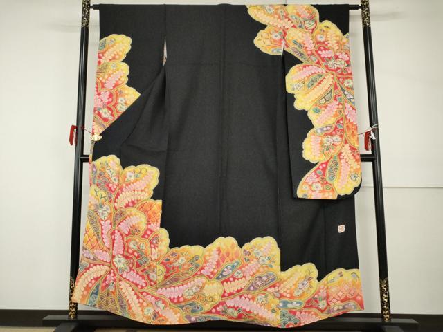 平和屋着物●樋熊哲也　訪問着　辻が花　絞り　手描き　振袖　辻が花　絞り　金通し地　正絹　逸品　AABI0013cs