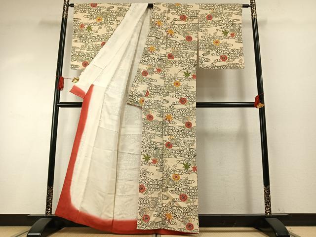 平和屋着物●上質な小紋　型染め　流水花文　正絹　逸品　AABH5091fy