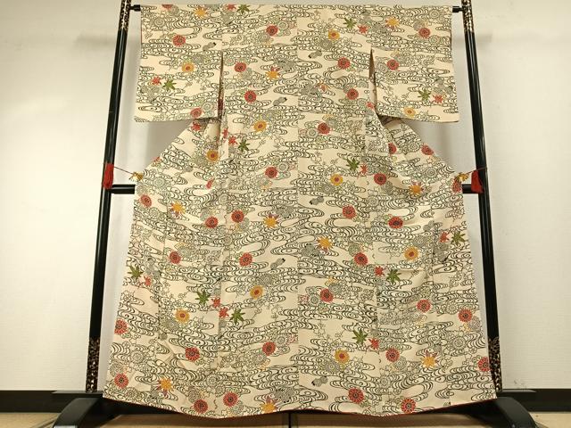 平和屋着物●上質な小紋　型染め　流水花文　正絹　逸品　AABH5091fy