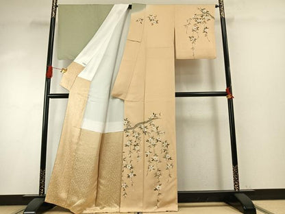平和屋着物●訪問着　片身替わり　手描き　枝花文　暈し染め　正絹　逸品　未使用　AABH5121fy