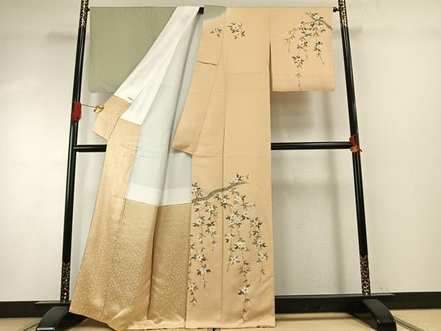 平和屋着物●訪問着　片身替わり　手描き　枝花文　暈し染め　正絹　逸品　未使用　AABH5121fy