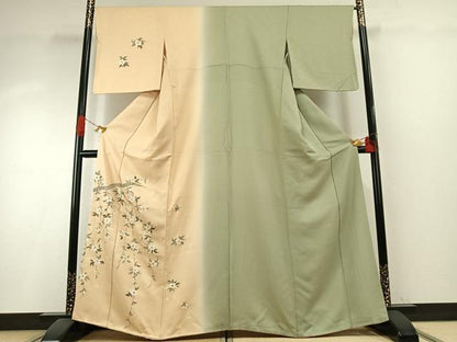 平和屋着物●訪問着　片身替わり　手描き　枝花文　暈し染め　正絹　逸品　未使用　AABH5121fy