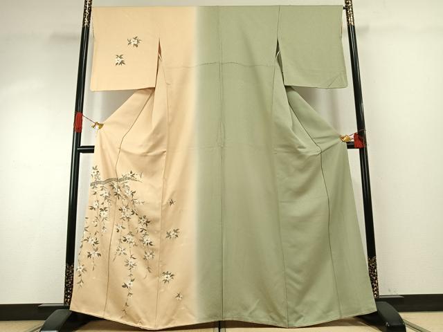 平和屋着物●訪問着　片身替わり　手描き　枝花文　暈し染め　正絹　逸品　未使用　AABH5121fy