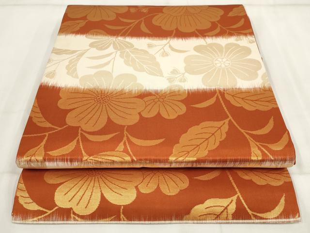 平和屋着物◎九寸開き名古屋帯　横段花文　金糸　正絹　逸品　AABH7897wj