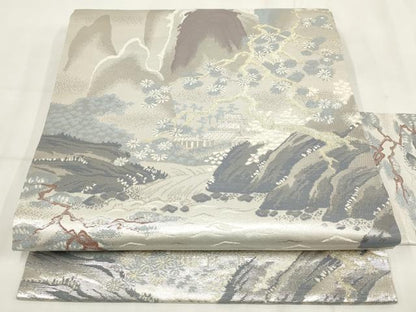 平和屋着物◎九寸名古屋帯 遠山風景文 金銀糸 正絹 逸品 AABH7890wj