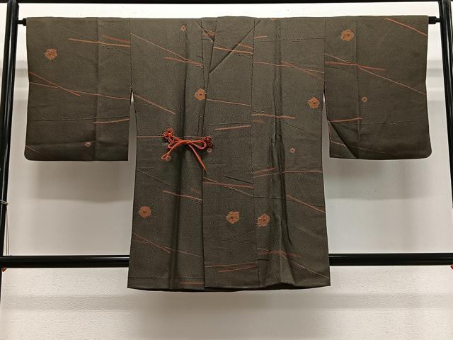 平和屋着物＃道中着　幾何学文　海松色　正絹　逸品　CABE5025ua