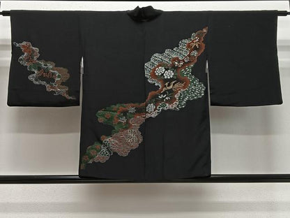 平和屋着物＃羽織　寿光織　花鳥文　黒地　金銀糸　正絹　逸品　CABE5023ua