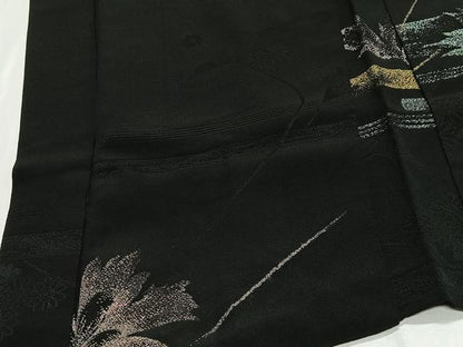 平和屋着物＃羽織　寿光織　草花文　黒地　金糸　正絹　逸品　CABE5052ua