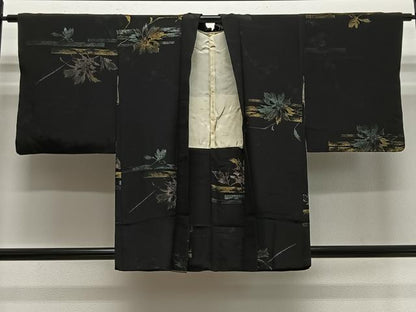 平和屋着物＃羽織　寿光織　草花文　黒地　金糸　正絹　逸品　CABE5052ua
