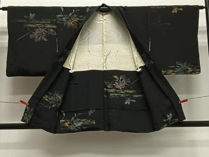 平和屋着物＃羽織　寿光織　草花文　黒地　金糸　正絹　逸品　CABE5052ua