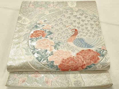 平和屋着物◎六通柄袋帯　唐織　九百錦　飾り皿孔雀文　銀糸　正絹　逸品　DABE3777qp