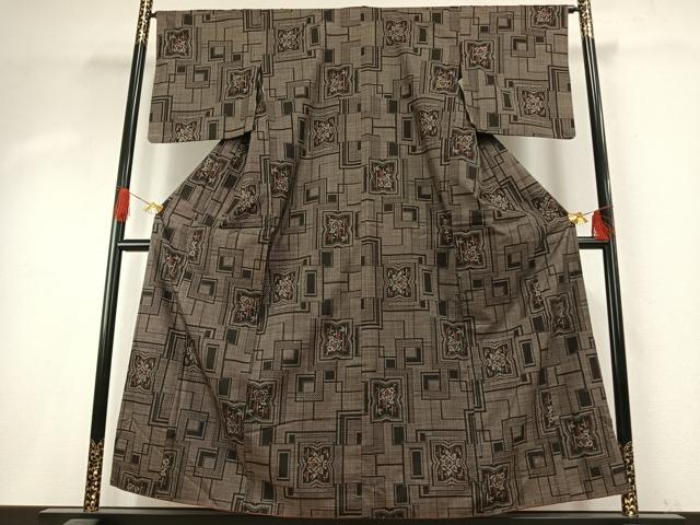 平和屋着物●本場大島紬　一元7マルキ　格子花文　正絹　逸品　AABH5137fy
