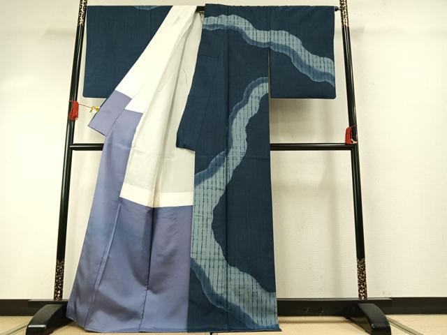 平和屋着物●訪問着　本場大島紬　藍　絞り　道長文　証紙付き　正絹　逸品　AABH5167fy