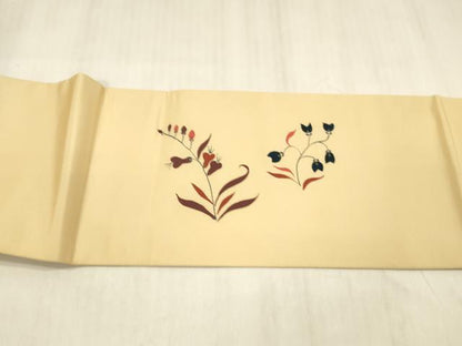 平和屋着物●塩瀬　九寸名古屋帯　草花文　正絹　逸品　DABE6228cm
