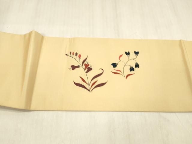 平和屋着物●塩瀬　九寸名古屋帯　草花文　正絹　逸品　DABE6228cm