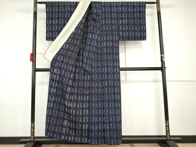 平和屋着物▽浦野理一　型染　紬　単衣　抱き茗荷　大丸扱い　たとう紙付き　正絹　逸品　AABI0071cs