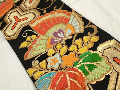 平和屋着物◎六通柄袋帯 唐織 花蝶文 黒地 金糸 正絹 逸品 AABH7962wj