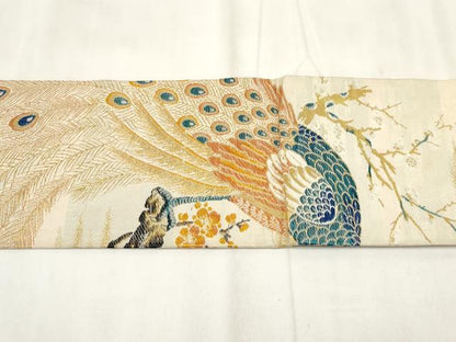 平和屋着物◎アンティーク 大正ロマン 九寸名古屋帯 孔雀梅文 金糸 正絹 逸品 AABH7955wj
