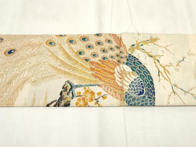 平和屋着物◎アンティーク 大正ロマン 九寸名古屋帯 孔雀梅文 金糸 正絹 逸品 AABH7955wj