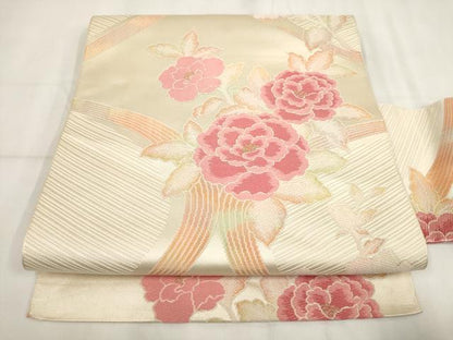 平和屋着物◎九寸名古屋帯 唐織 草花文 金糸 正絹 逸品 AABH7964wj
