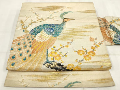 平和屋着物◎アンティーク 大正ロマン 九寸名古屋帯 孔雀梅文 金糸 正絹 逸品 AABH7955wj