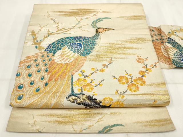 平和屋着物◎アンティーク 大正ロマン 九寸名古屋帯 孔雀梅文 金糸 正絹 逸品 AABH7955wj