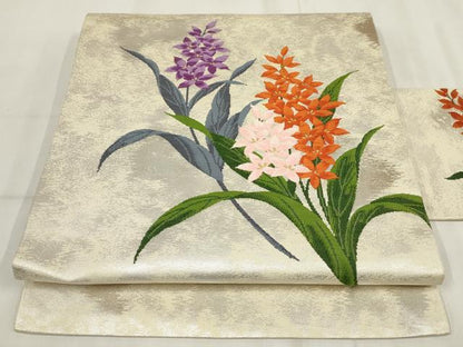 平和屋着物◎九寸名古屋帯 唐織 草花文 正絹 逸品 AABH7970wj