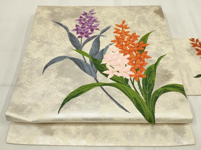 平和屋着物◎九寸名古屋帯 唐織 草花文 正絹 逸品 AABH7970wj