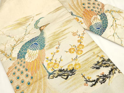 平和屋着物◎アンティーク 大正ロマン 九寸名古屋帯 孔雀梅文 金糸 正絹 逸品 AABH7955wj