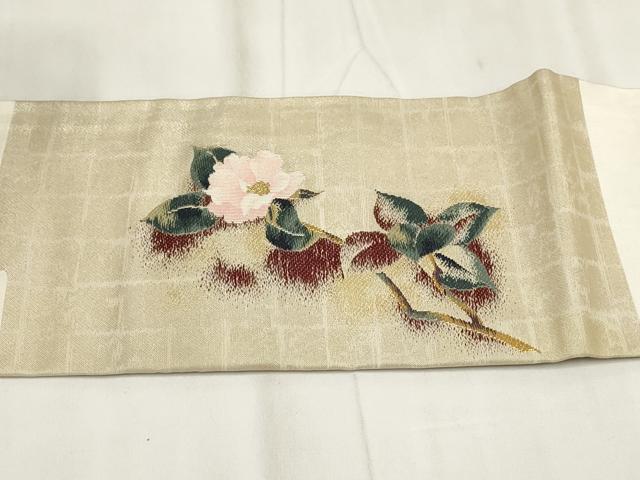 平和屋着物◎九寸名古屋帯 草花文 金糸 正絹 逸品 AABH7969wj
