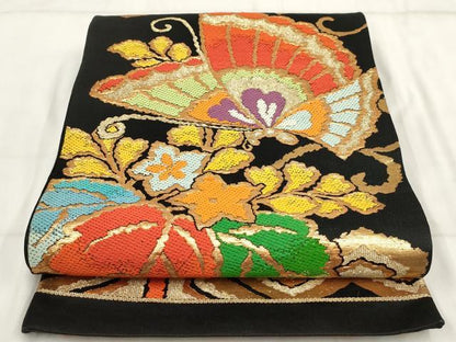 平和屋着物◎六通柄袋帯 唐織 花蝶文 黒地 金糸 正絹 逸品 AABH7962wj