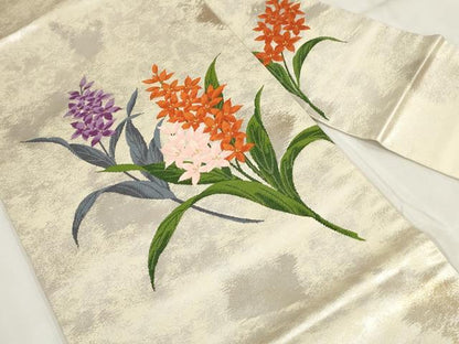 平和屋着物◎九寸名古屋帯 唐織 草花文 正絹 逸品 AABH7970wj