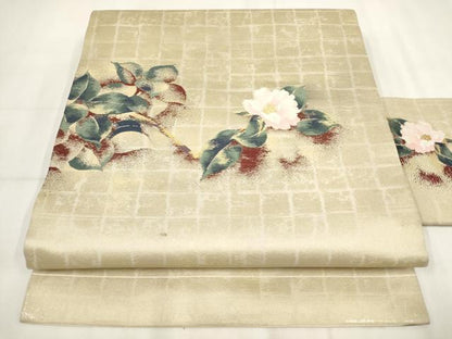 平和屋着物◎九寸名古屋帯 草花文 金糸 正絹 逸品 AABH7969wj