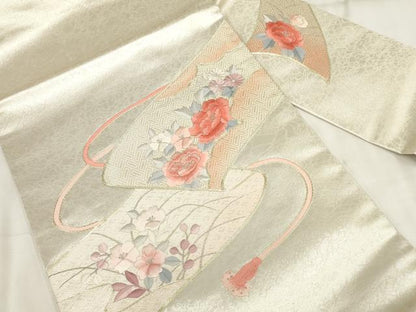 平和屋着物◎九寸名古屋帯 刺繍 草花文 金銀糸 正絹 逸品 AABH7954wj