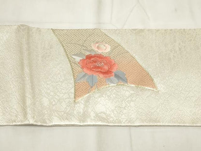 平和屋着物◎九寸名古屋帯 刺繍 草花文 金銀糸 正絹 逸品 AABH7954wj