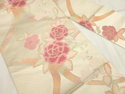 平和屋着物◎九寸名古屋帯 唐織 草花文 金糸 正絹 逸品 AABH7964wj