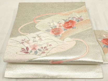 平和屋着物◎九寸名古屋帯 刺繍 草花文 金銀糸 正絹 逸品 AABH7954wj