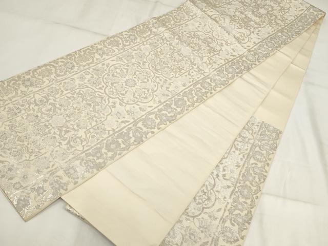 平和屋着物◎六通柄袋帯 吉祥花文 銀糸 正絹 逸品 AABH8003wj