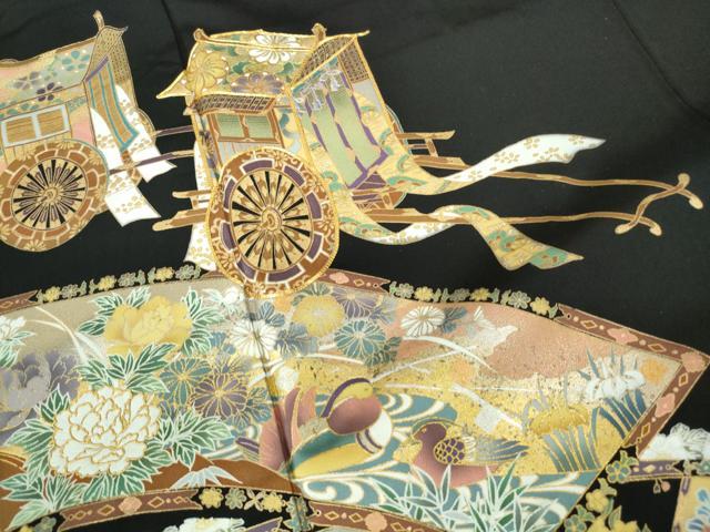 平和屋着物■豪華黒留袖 駒刺繍 御所車鴛鴦花文 金銀彩 正絹 逸品 DABE8655qa