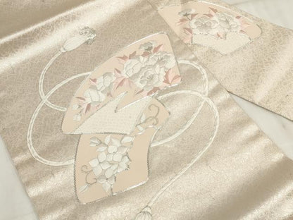 平和屋着物◎九寸名古屋帯　刺繍　地紙草花文　銀糸　正絹　逸品　AABH7990wj