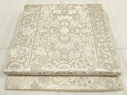 平和屋着物◎六通柄袋帯 吉祥花文 銀糸 正絹 逸品 AABH8003wj