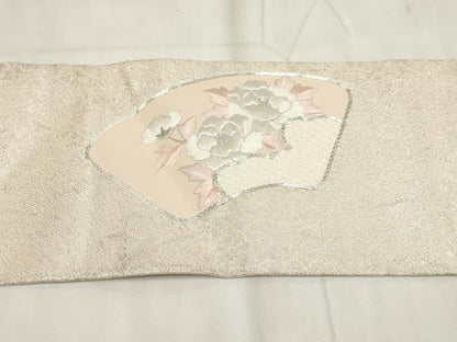 平和屋着物◎九寸名古屋帯　刺繍　地紙草花文　銀糸　正絹　逸品　AABH7990wj