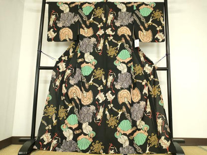 平和屋着物＊夏物　tumori chisato　セオアルファ　小紋・浴衣兼用　人物宝飾文　黒地　金彩　洗える着物　逸品　未使用　DABE4318az