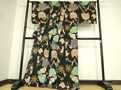 平和屋着物＊夏物　tumori chisato　セオアルファ　小紋・浴衣兼用　人物宝飾文　黒地　金彩　洗える着物　逸品　未使用　DABE4318az