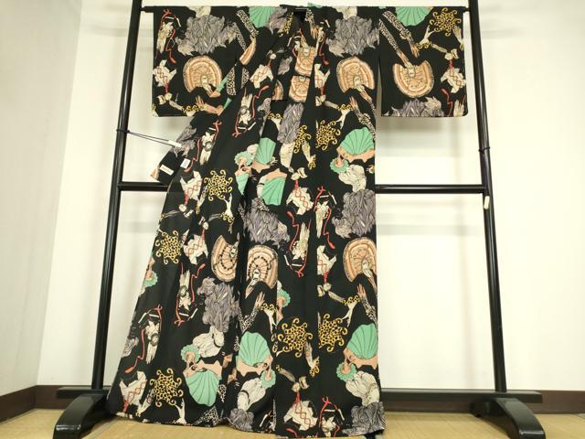 平和屋着物＊夏物　tumori chisato　セオアルファ　小紋・浴衣兼用　人物宝飾文　黒地　金彩　洗える着物　逸品　未使用　DABE4318az
