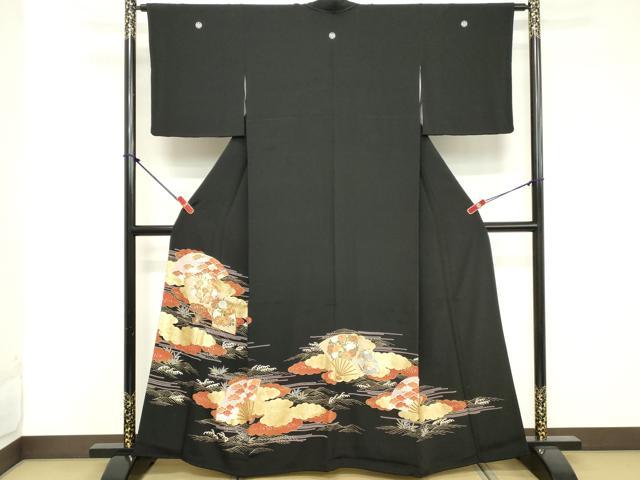 平和屋着物■豪華黒留袖 駒刺繍 扇面花文 金彩 正絹 逸品 DABE7681cd