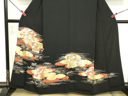 平和屋着物■豪華黒留袖 駒刺繍 扇面花文 金彩 正絹 逸品 DABE7681cd