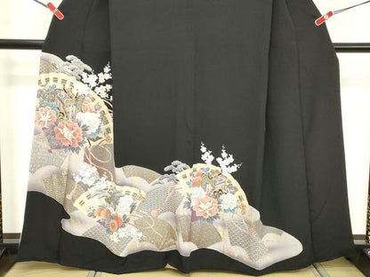 平和屋着物■豪華黒留袖 駒刺繍 扇面御所車花文 金彩 正絹 逸品 DABE7700cd